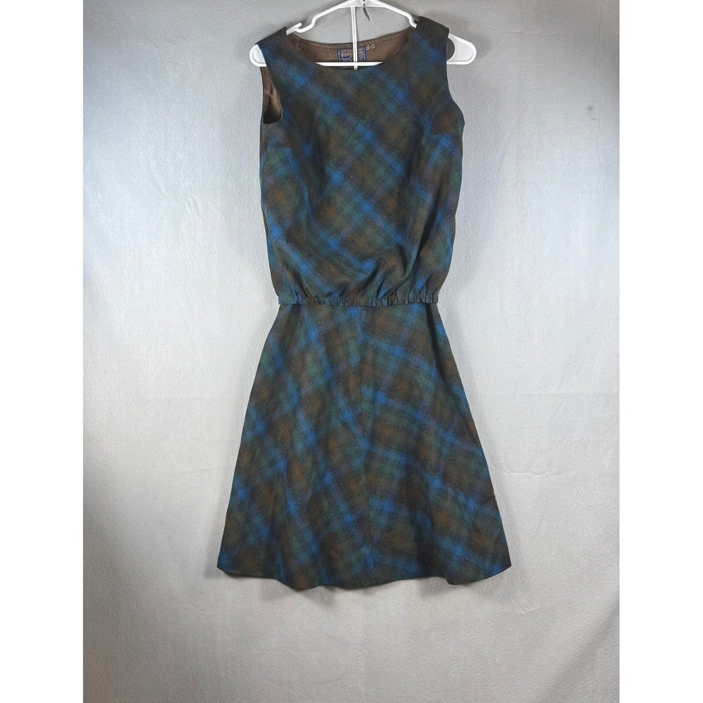 Pendleton Vintage 100% Virgin Wool Plaid Sleeveless Dress Blue Green Brown